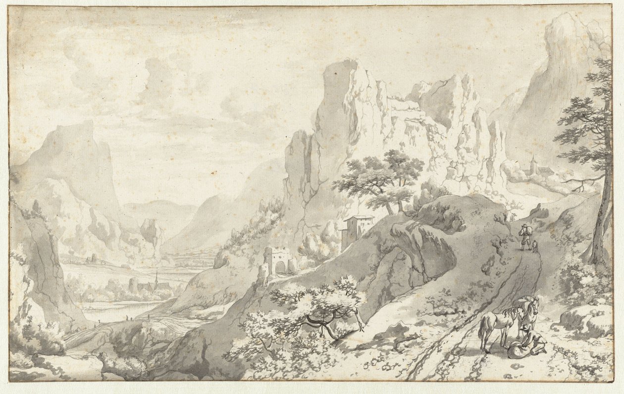 Paisaje de montaña con jinete descendido de Jan van Aken
