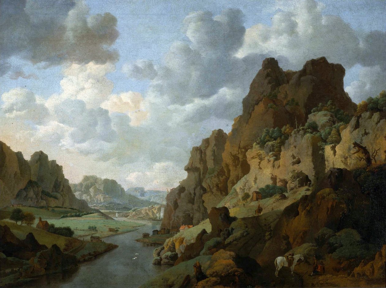 Holandés: Paisaje montañoso con viajeros descansando Paisaje rocoso. de Jan van Aken