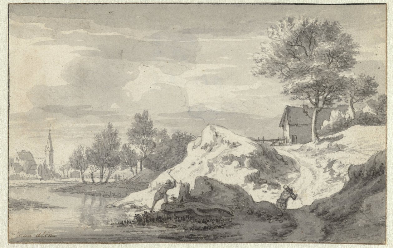 Paisaje con figuras cortando leña a orillas de un río de Jan van Aken
