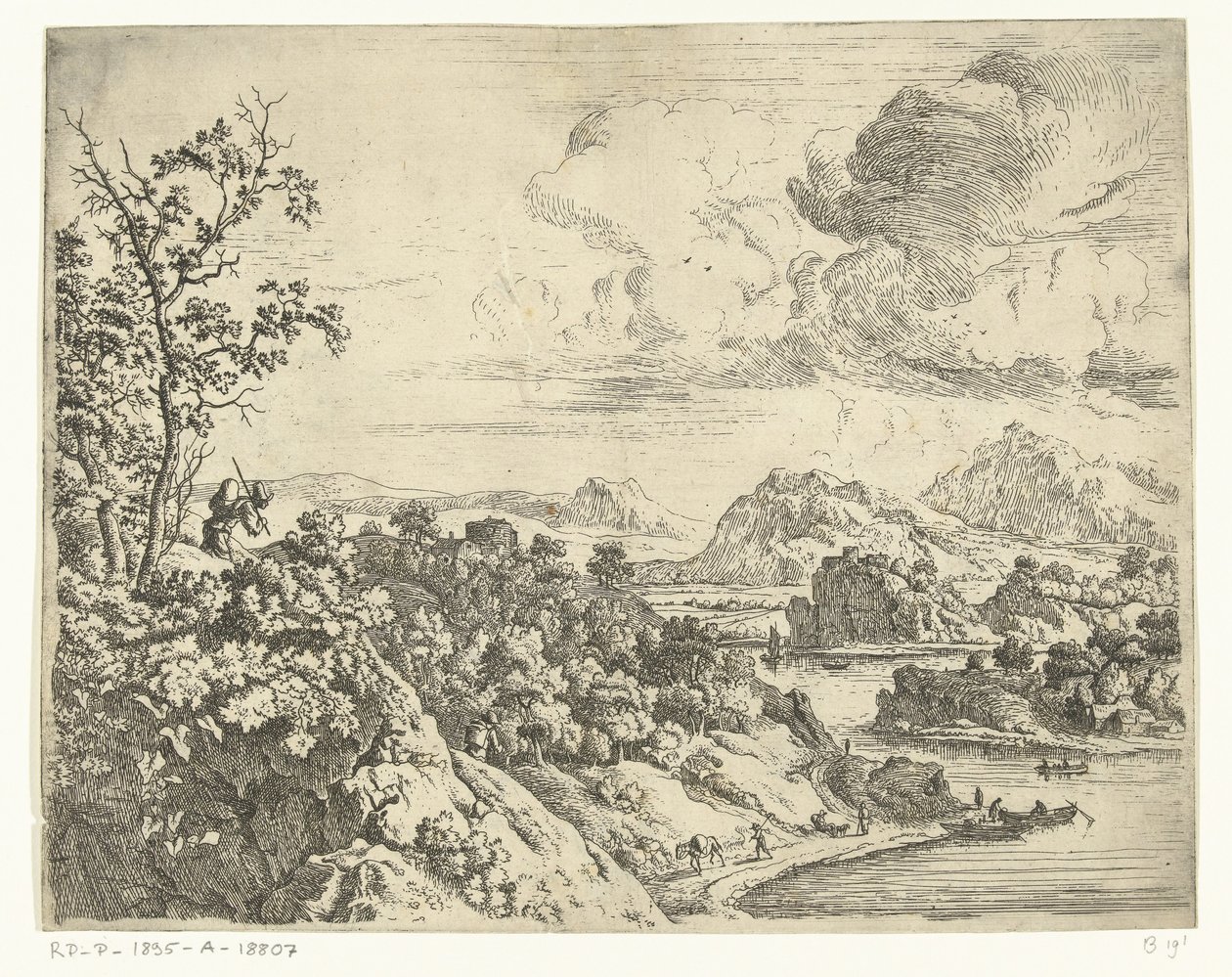 Paisaje de río con un hombre con un traje en la espalda. Paisajes del Rin (título de la serie) de Jan van Aken