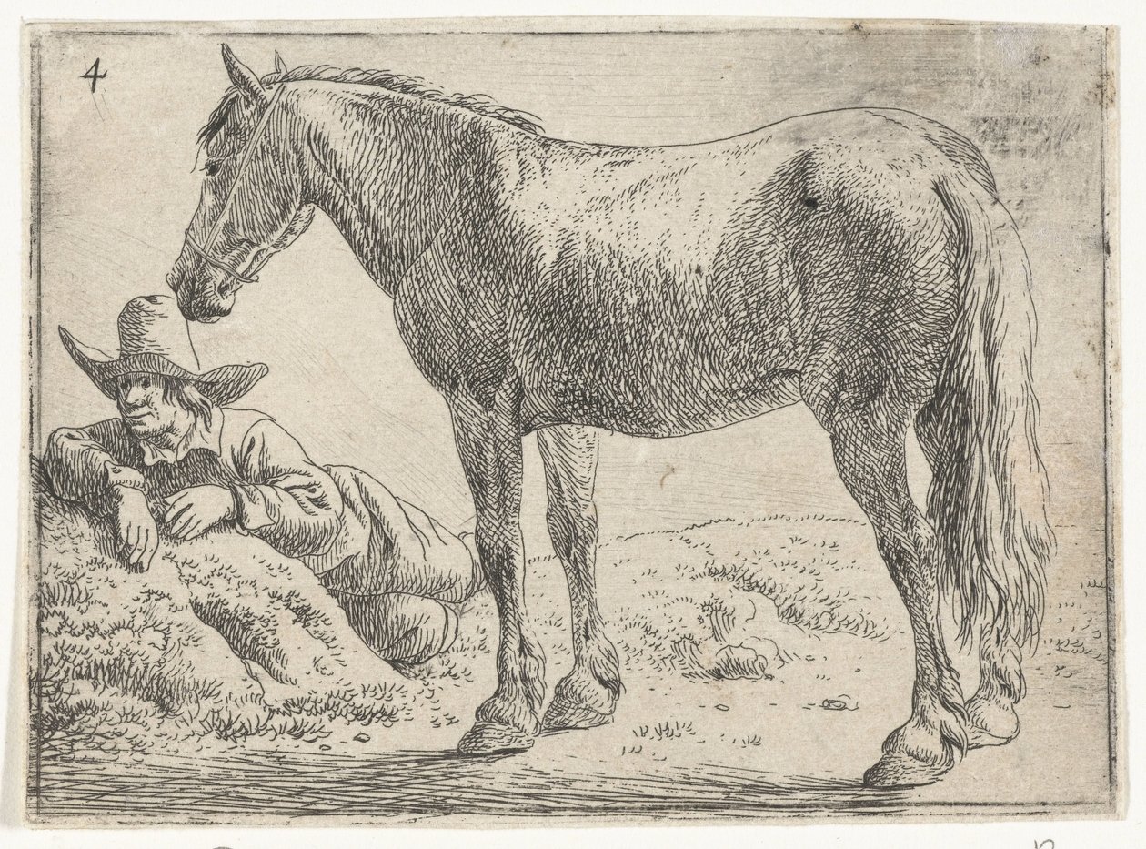 Caballo de pie con jinete en reposo
Paisajes con caballos (título de la serie) de Jan van Aken