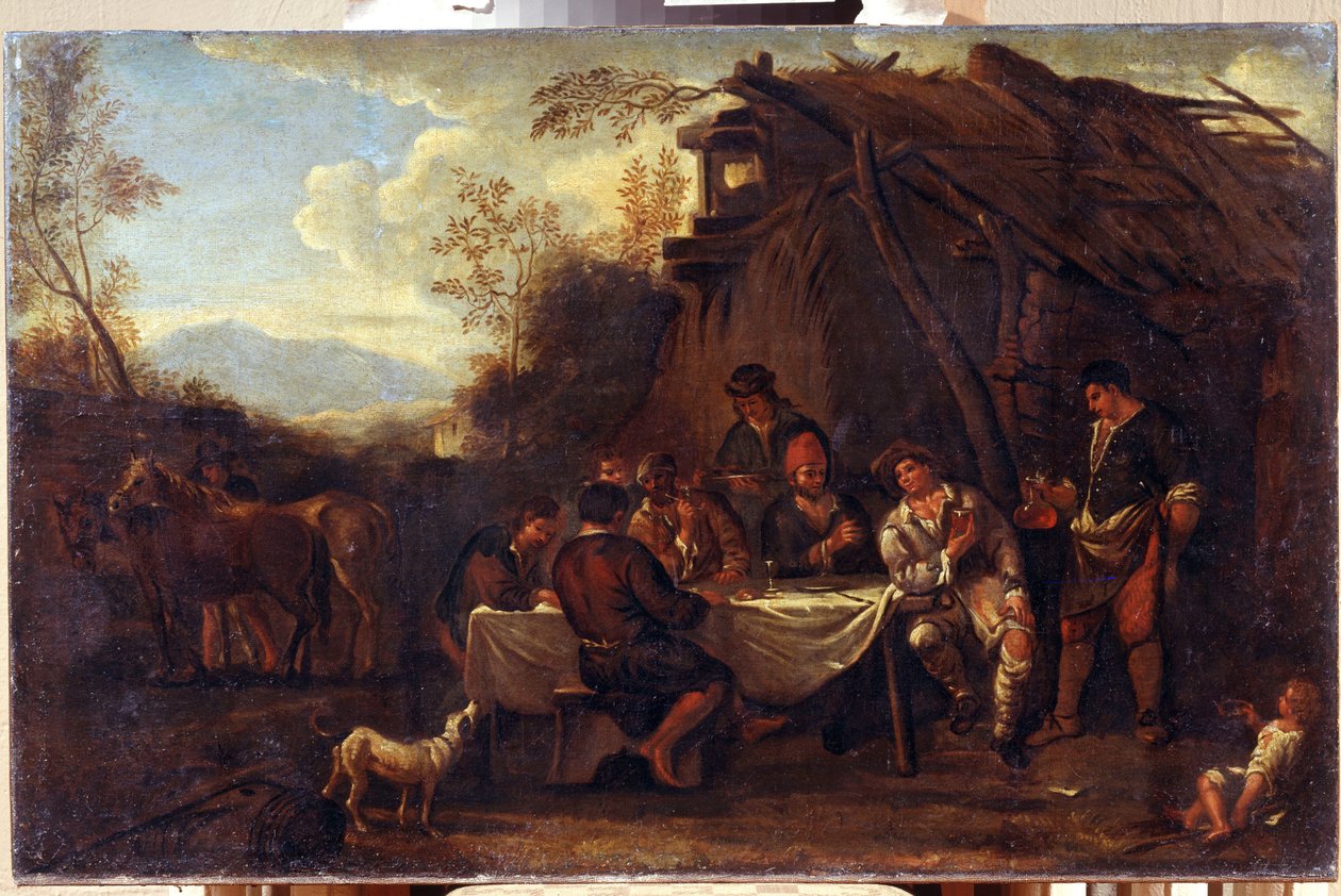 El alegre encuentro (Merrymeeting). Pintura de Jan Miel (1599-1664). Arte de estilo barroco flamenco. Óleo sobre tela. Museo de Arte Regional I. Kramskoi, Voronezh (Voronezh, Rusia). de Jan van Bike Miel