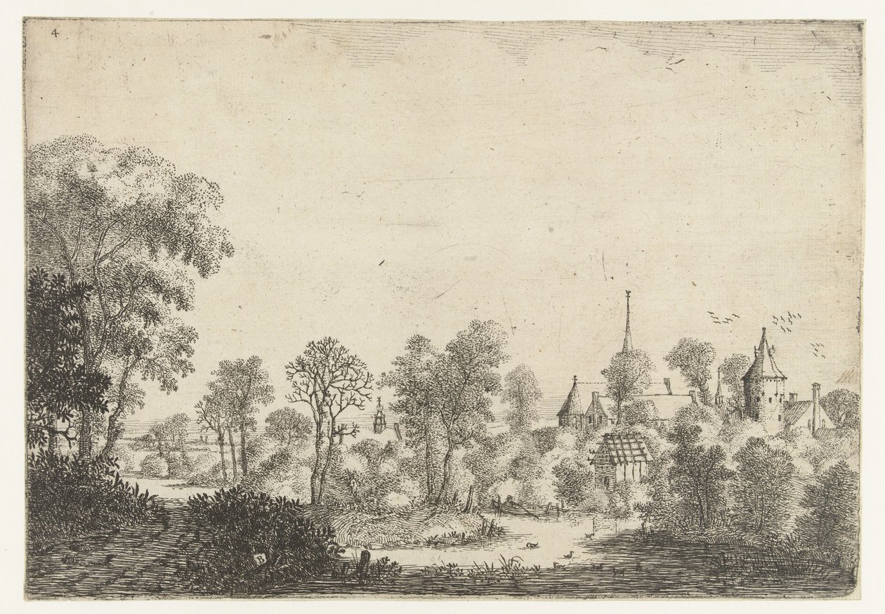 Paisaje con vistas al pueblo y al hombre en barco. Paisajes (título de la serie) de Jan van Brosterhuyzen