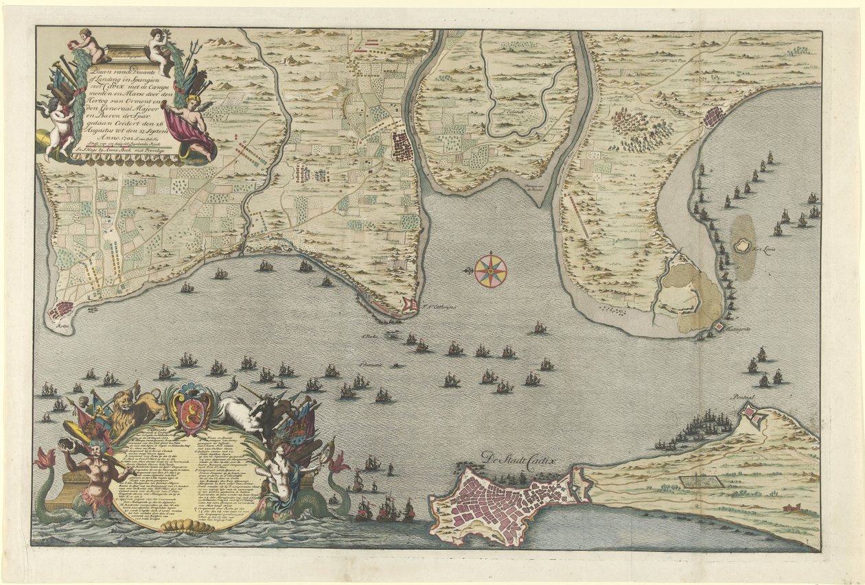 Mapa del Desembarco y Expedición Aliados en Cádiz, 1702 Plano del Dissante de Desembarco en Spangien para Cadix con los Campements y Marse hecho por el Duque de Ormont y el General Majoor y Baron de Spar Ceedert el 26 de Agosto a de Jan van Call (I)