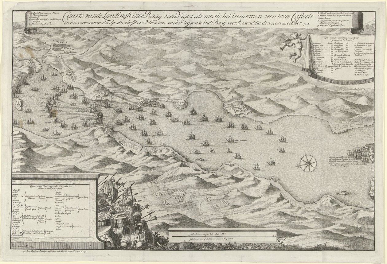 Batalla de la Bahía de Vigo y Captura de la Flota de Plata Española, 1702 Caarte vande Landingh en la Bahía de Vigos como parte de la captura de dos Casteels y la captura de la Flota de Plata española fondeando en el Baay para Redondella den de Jan van Call (I)