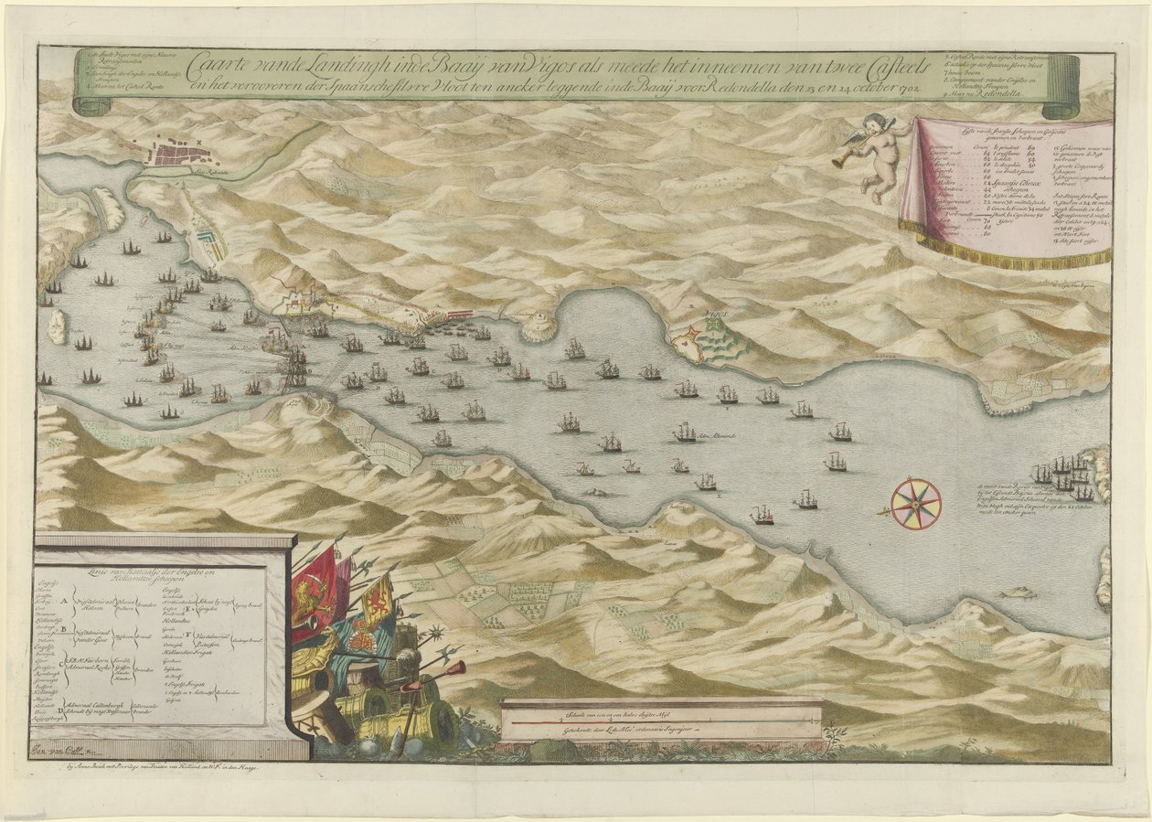 Batalla de la Bahía de Vigo y Captura de la Flota de Plata Española, 1702 Caarte vande Landingh en la Bahía de Vigos como parte de la captura de dos Casteels y la captura de la Flota de Plata española fondeando en el Baay para Redondella den de Jan van Call (I)