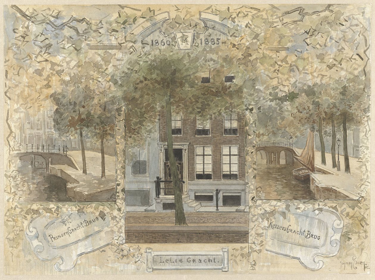 Casa en el Leliegracht, flanqueada por los puentes sobre el Prinsengracht y el Keizersgracht de Jan van Essen