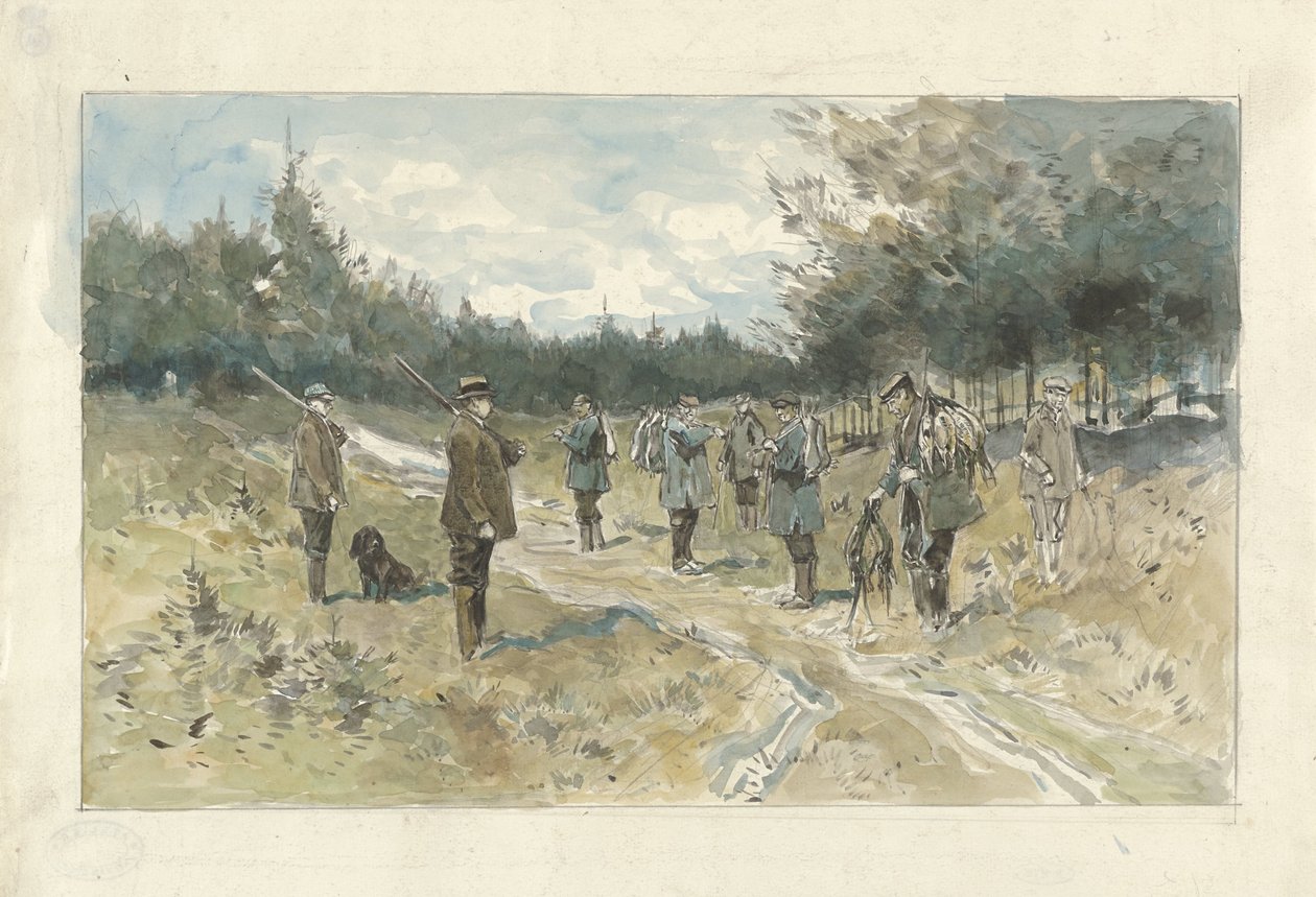 Paisaje con un grupo de cazadores después de cazar en el Leusderhei de Jan van Essen