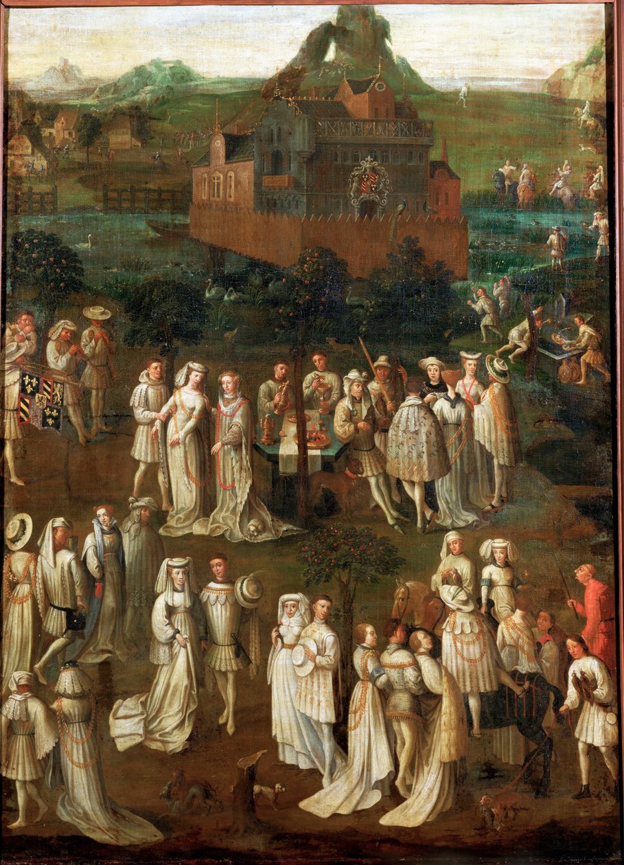 Sociedad cortesana delante de un castillo borgoñón (óleo sobre madera) de Jan van Eyck