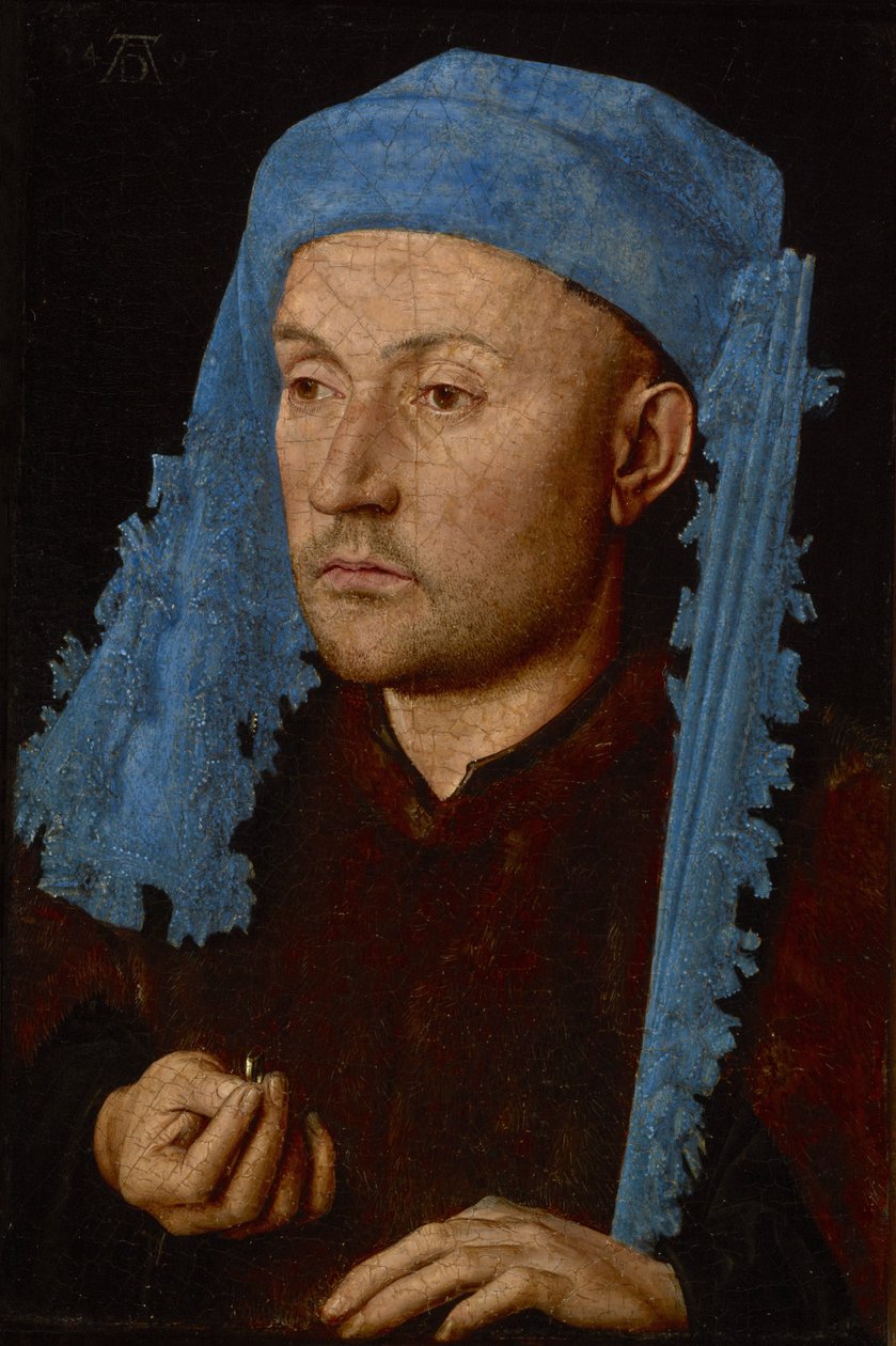 Holandés: Portret van onbekende een man met blauwe kaproen Hombre con gorra azul / Man with a Ring / Retrato de un hombre desconocido con gorra azul de Jan van Eyck