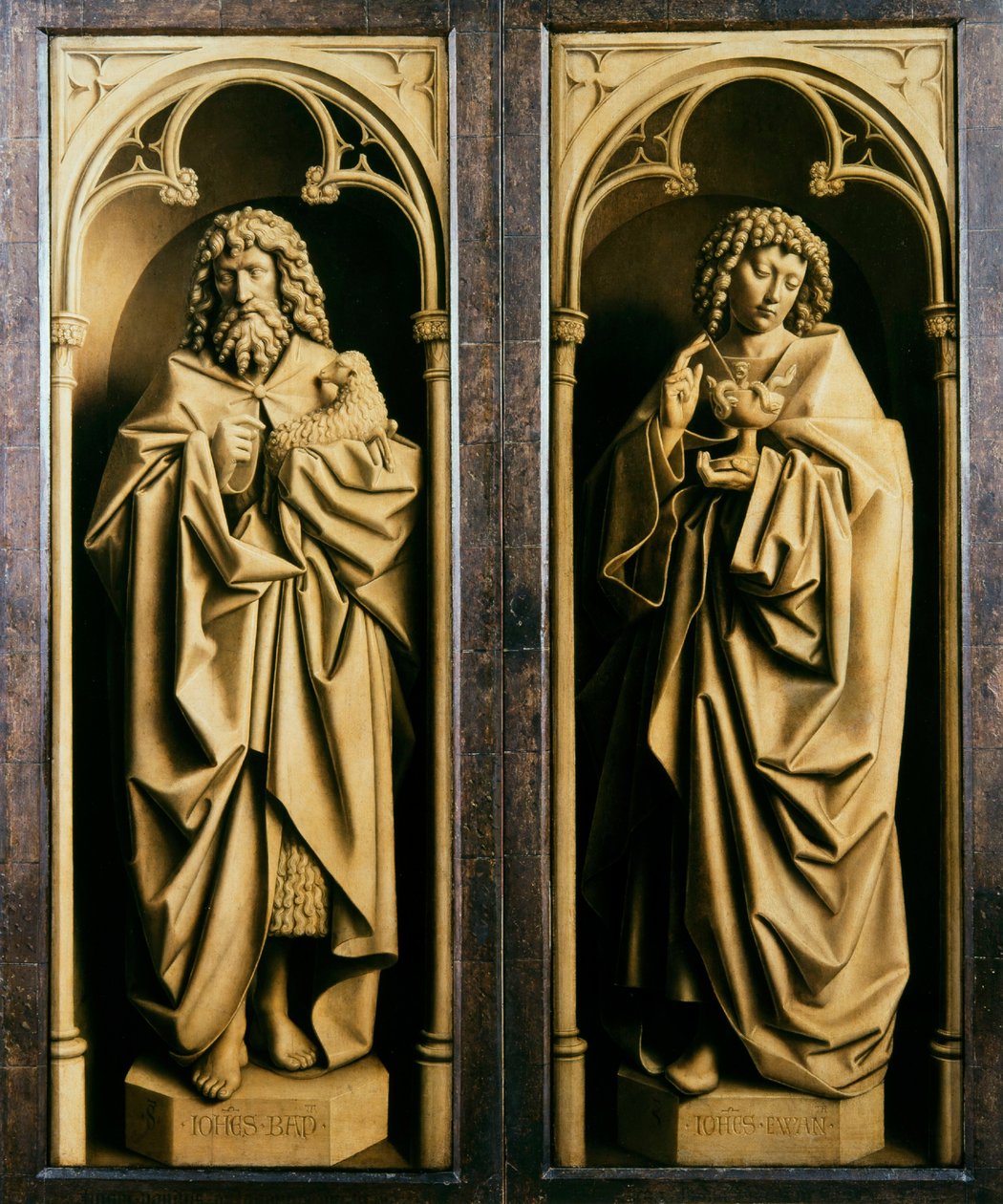 El retablo de Gante. Adoración del Cordero Místico: Juan el Bautista y Juan el Evangelista, 1432 de Jan van Eyck