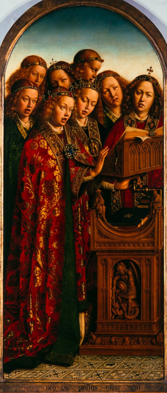 El retablo de Gante. Adoración del Cordero Místico: Ángeles cantores, 1432 de Jan van Eyck