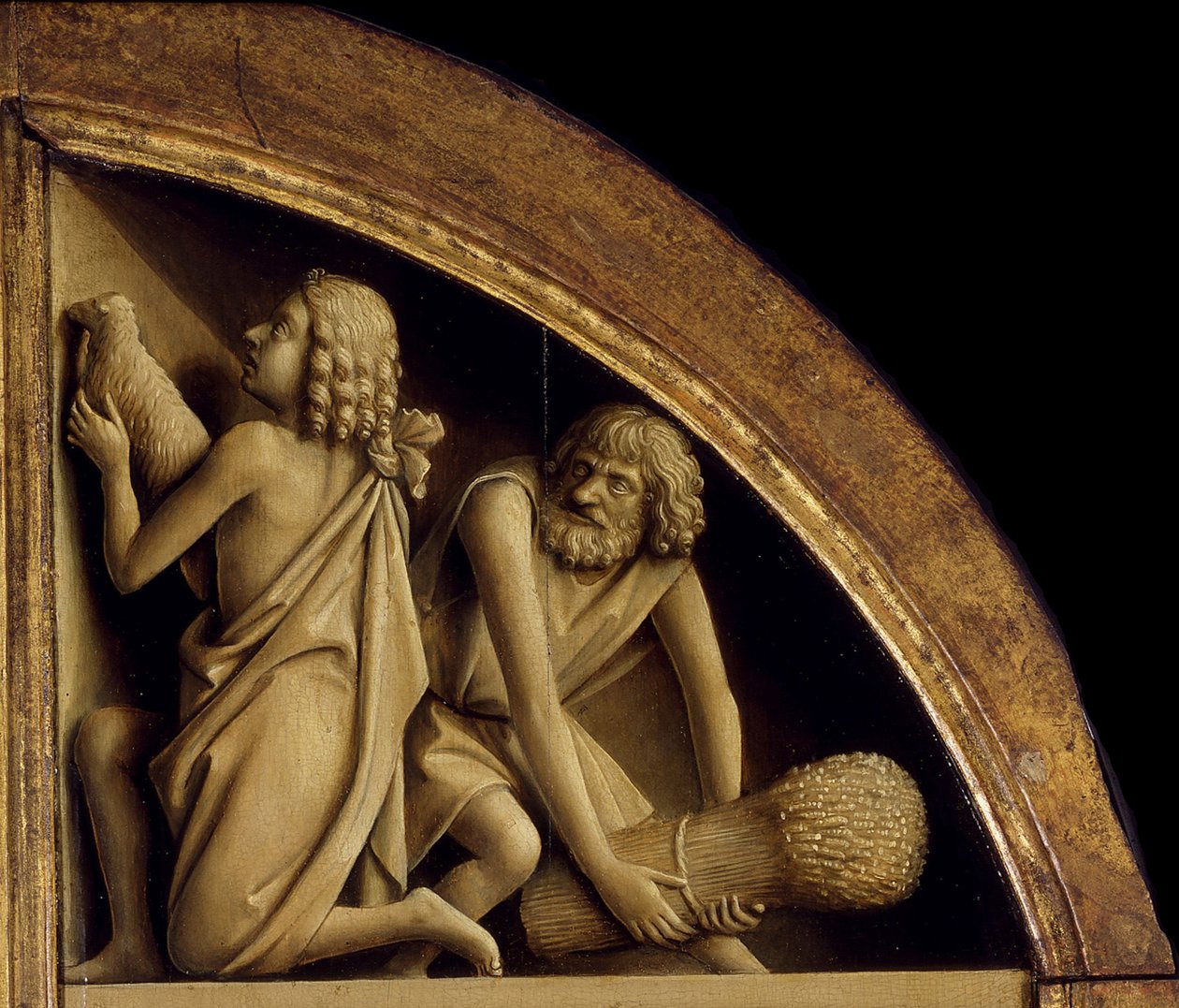 El Retablo de Gante. Adoración del Cordero Místico: El sacrificio de Caín y Abel, 1432 de Jan van Eyck