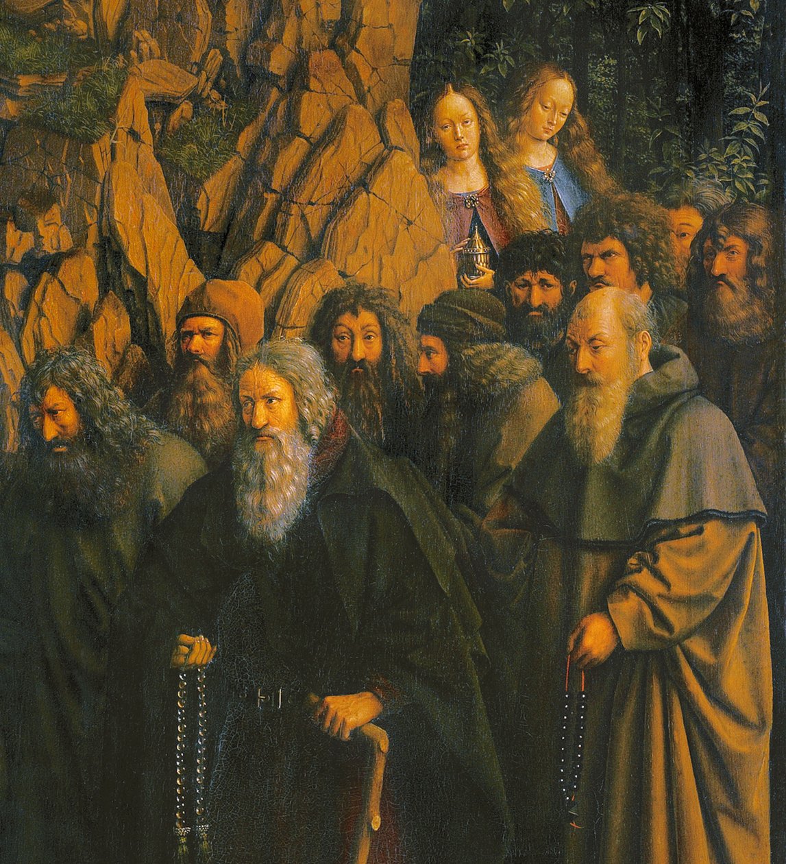 Los Ermitaños guiados por San Cristóbal del lado derecho del Retablo de Gante de Jan van Eyck