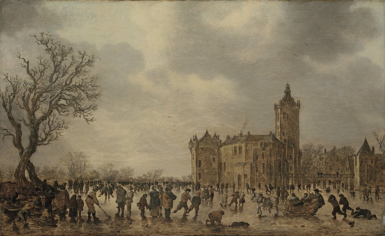Un paisaje invernal con figuras desportándose sobre el hielo junto al castillo de Montfoort de Jan van Goyen