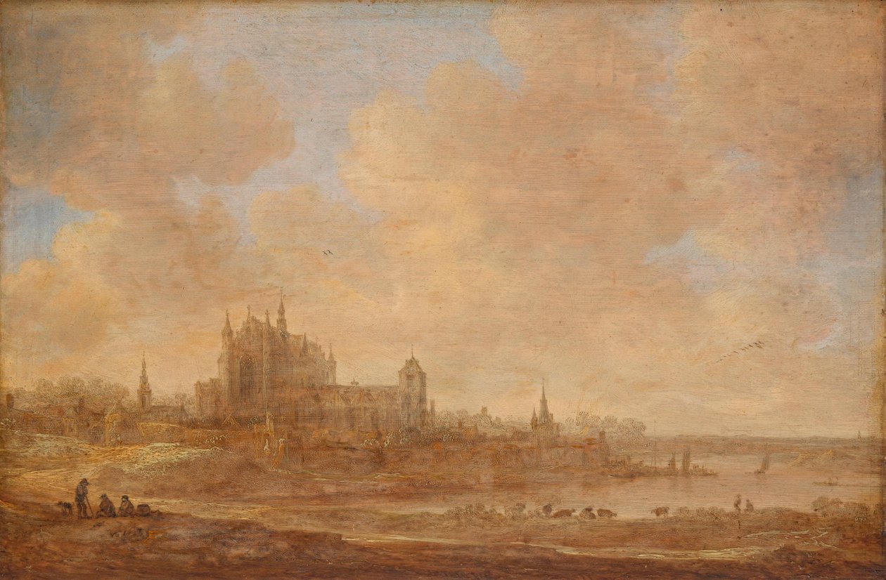 Paisaje fluvial con la Hooglandse Kerk de Leiden de Jan van Goyen