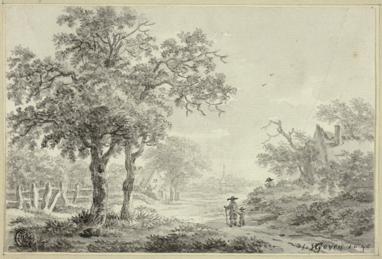 Hombre y niño caminando por la carretera del pueblo de Jan van Goyen