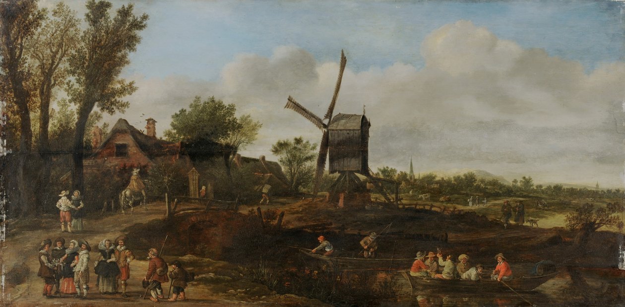 Paisaje fluvial con molino de viento y barcos de Jan van Goyen