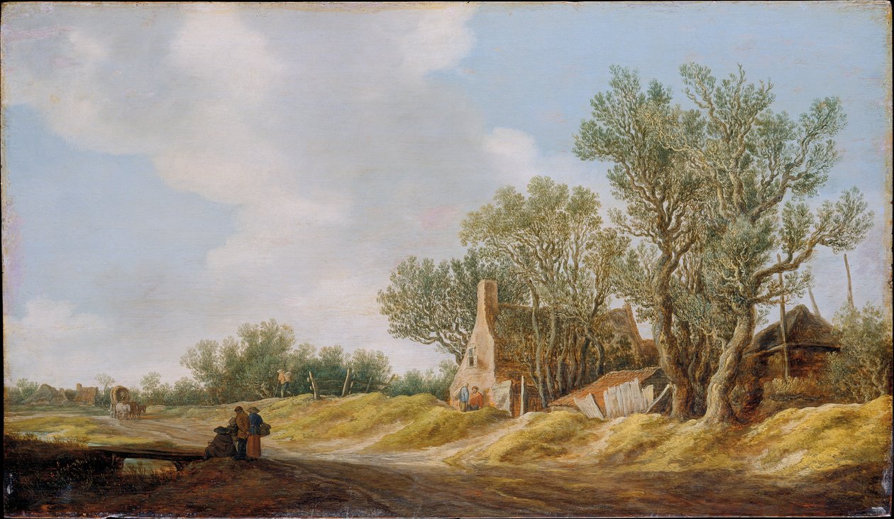 Calle de pueblo con personas descansando junto a un puente de Jan van Goyen