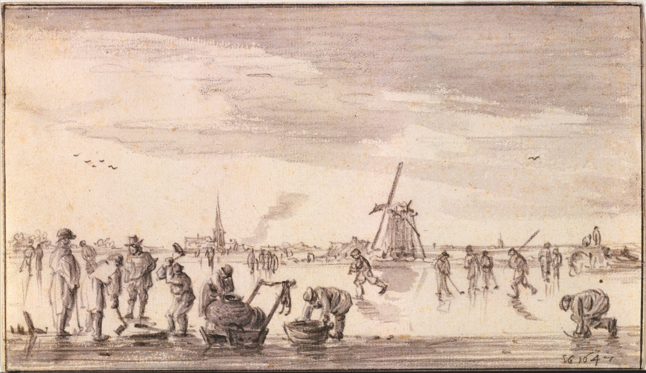 Paisaje invernal con patinadores y pescadores de Jan van Goyen