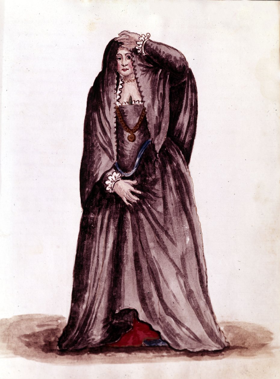 Una cortesana veneciana en el siglo XVIII. Dibujo en acuarela y tinta del manuscrito "Costumbres de los venecianos" de Jan van Grevenbroeck (o Giovanni Grevembroch) (1731-1807) de Jan van Grevenbroeck