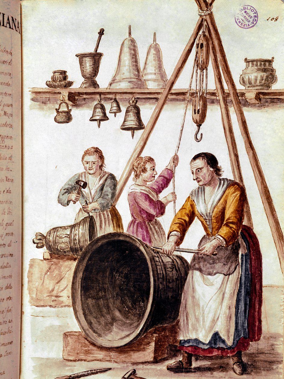 Artesanía: el fabricante de campanas. Acuarela y tinta de un manuscrito de Jan van Grevenbroeck de Jan van Grevenbroeck