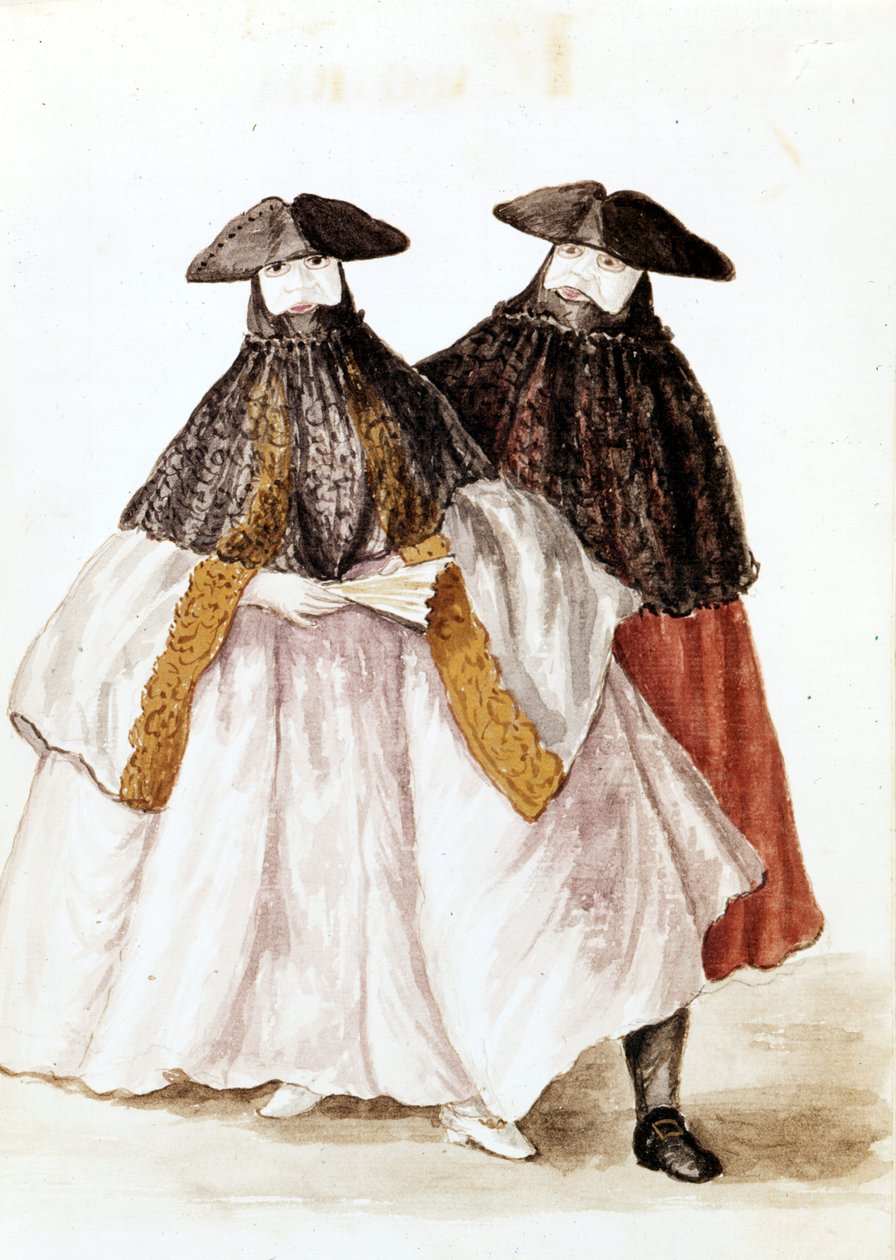 Máscaras del Carnaval de Venecia. Dibujo en acuarela y tinta del manuscrito “Costumbres de los venecianos” de Jan van Grevenbroeck (o Giovanni Grevembroch (Grevenbroch) (1731-1807) de Jan van Grevenbroeck