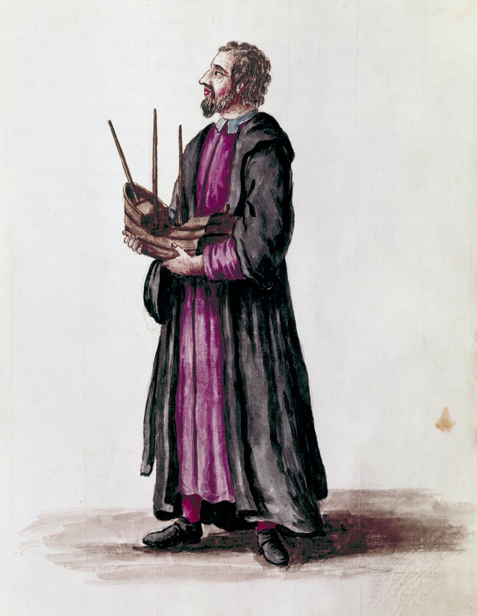 Representación de un arquitecto naval, sostiene en sus manos el modelo en miniatura del barco que construyó (detalle). Dibujo en acuarela y tinta del manuscrito “Costumbres de los venecianos” de Jan van Grevenbroeck (o Giovanni Grevembroch) (1731-1807) de Jan van Grevenbroeck