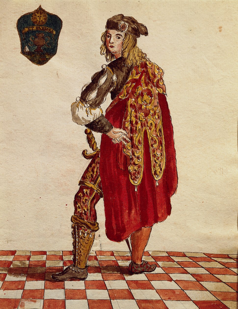 Traje de caballero de la Cofradía de la Calza en 1564, de Gli Abiti de Veneziani, libro ilustrado de trajes, acuarela de Jan van Grevenbroeck