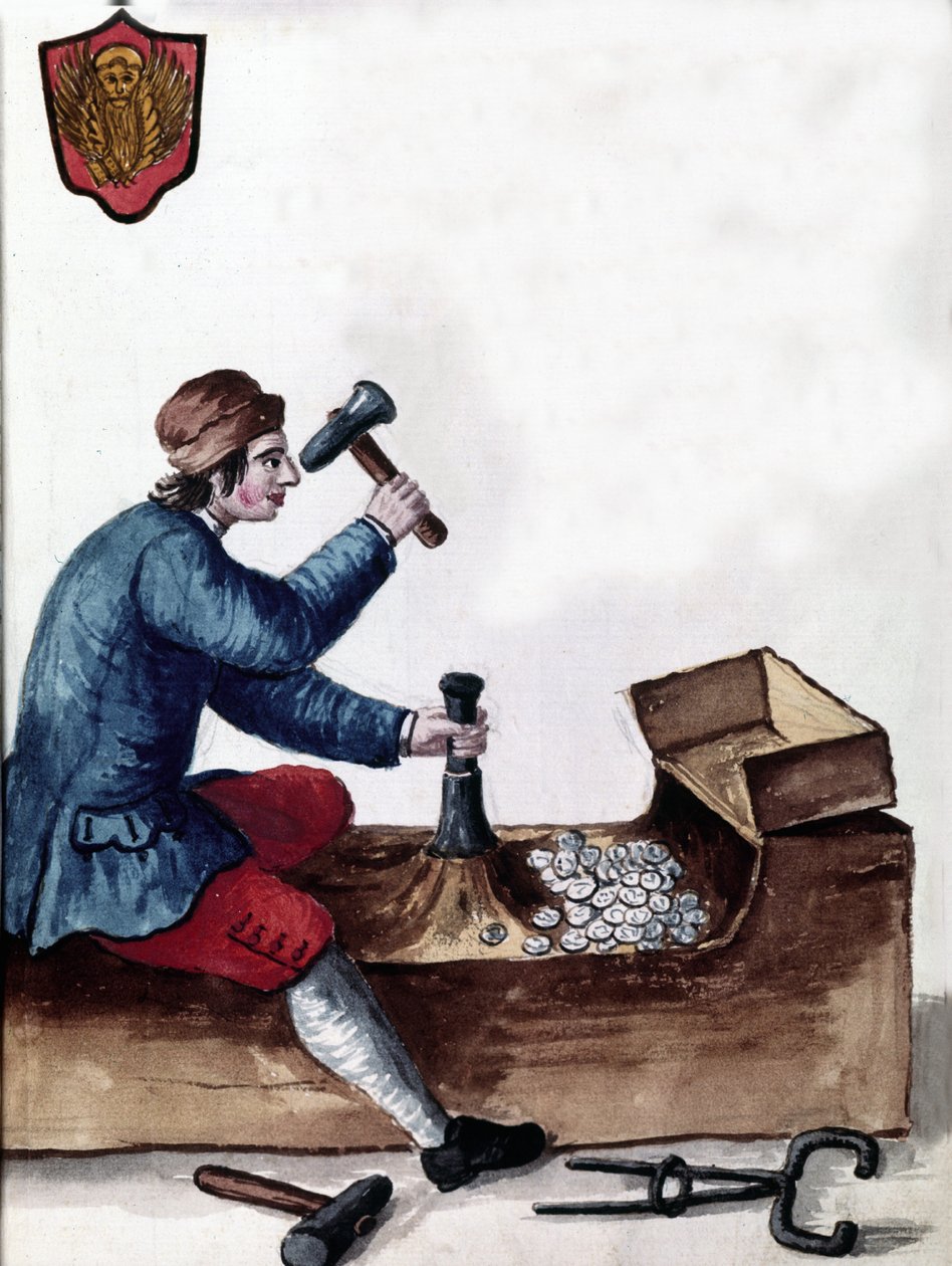 La fabricación de monedas de la República de Venecia: etapa de acuñación. Dibujo en acuarela y tinta del manuscrito "Costumbres de los venecianos" por Jan van Grevenbroeck (o Giovanni Grevembroch) (1731-1807) de Jan van Grevenbroeck