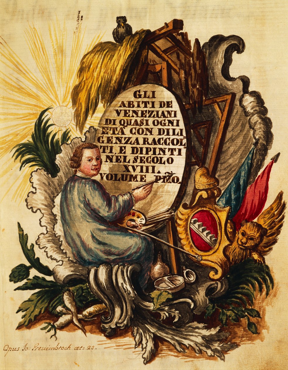 Vestido veneciano para todas las edades, diligentemente recopilado y pintado, para el siglo XVIII, por Giovanni Grevembroch, página de título de Jan van Grevenbroeck