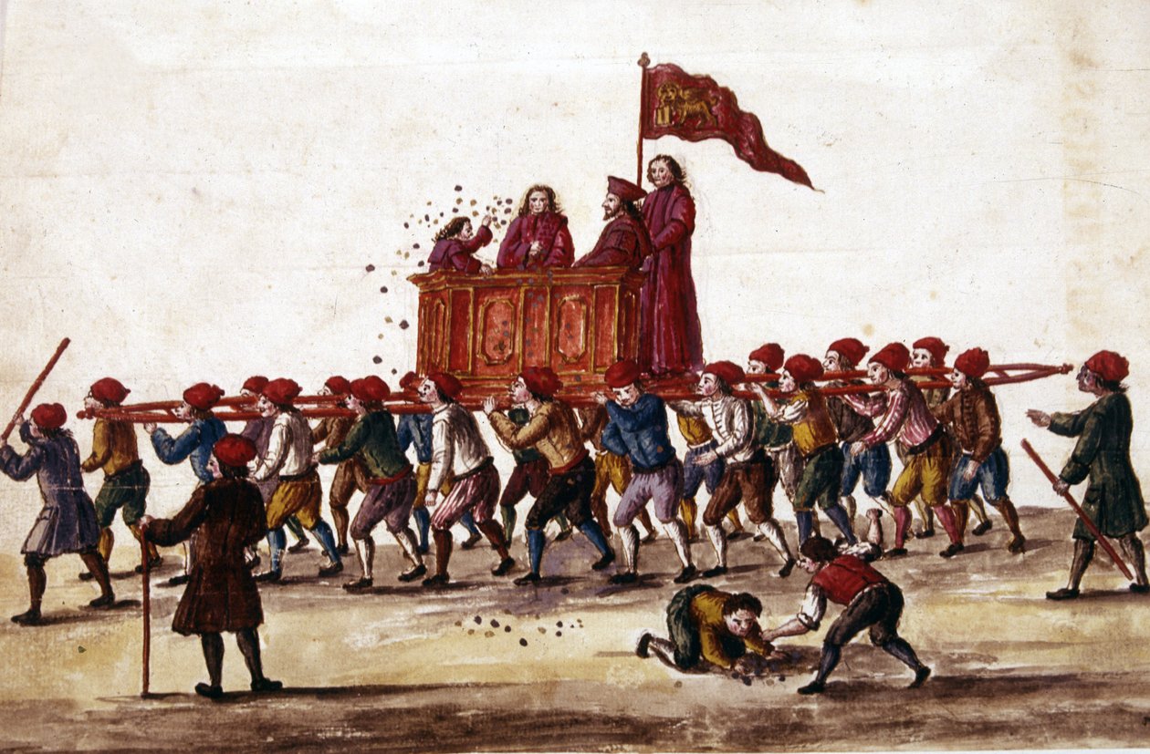 Fiestas venecianas. El príncipe recién elegido es llevado en triunfo por los trabajadores del Arsenal a la Plaza de San Marcos. Durante el recorrido arroja monedas a la multitud. Dibujo en acuarela y tinta del manuscrito 