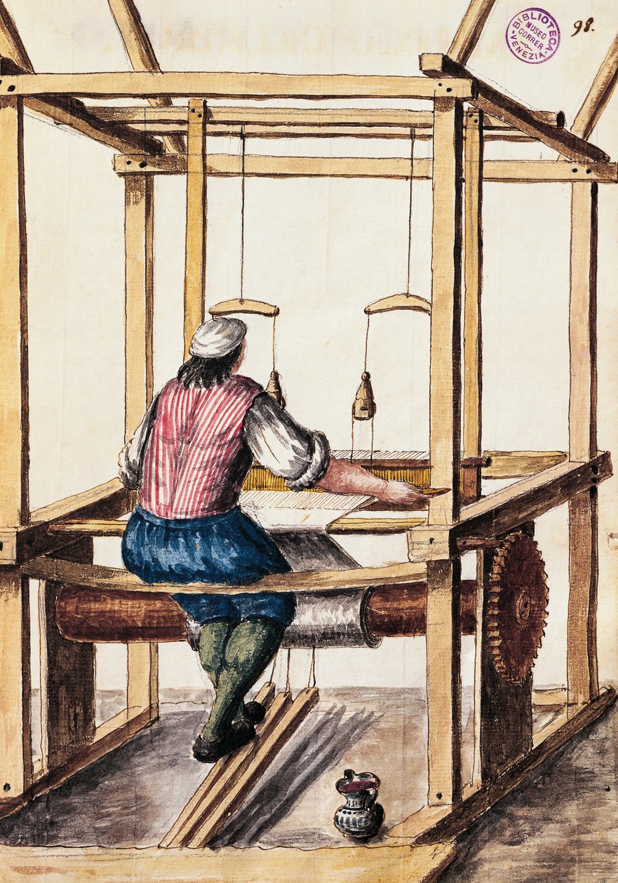 Tejedor, Ilustración de Jan van Grevenbroeck (1731-1807) del manuscrito El vestido de los venecianos, Italia de Jan van Grevenbroeck