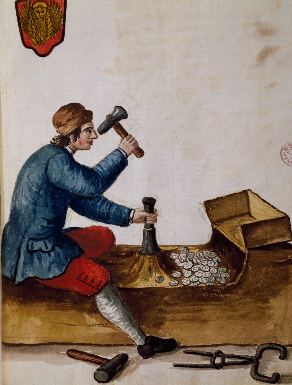 Trabajador en la casa de la moneda, ilustración del libro ilustrado de trajes venecianos de Jan van Grevenbroeck