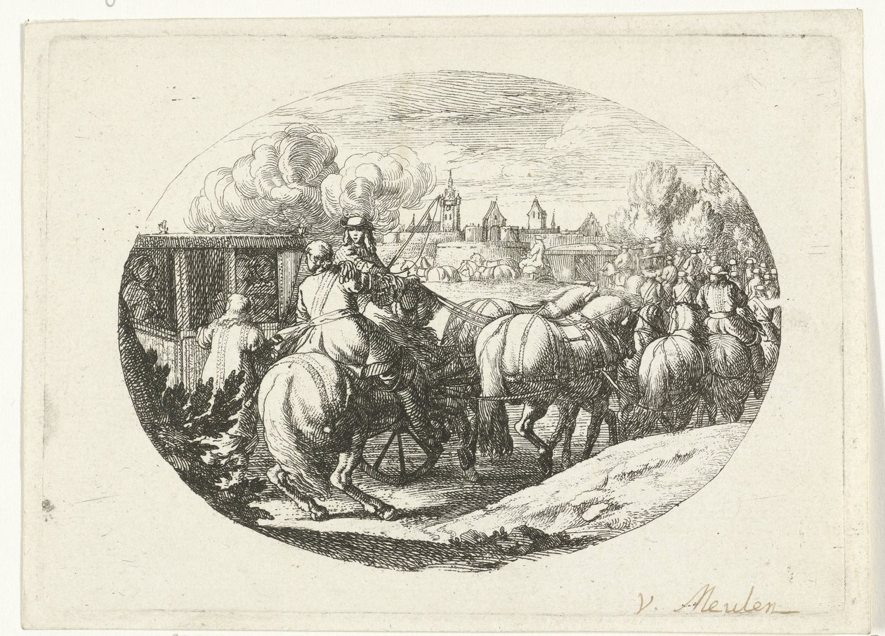 El ejército y los carruajes se trasladan a la ciudad. Escenas militares de la vida de Luis XIV, rey de Francia (título de la serie) de Jan van Huchtenburg