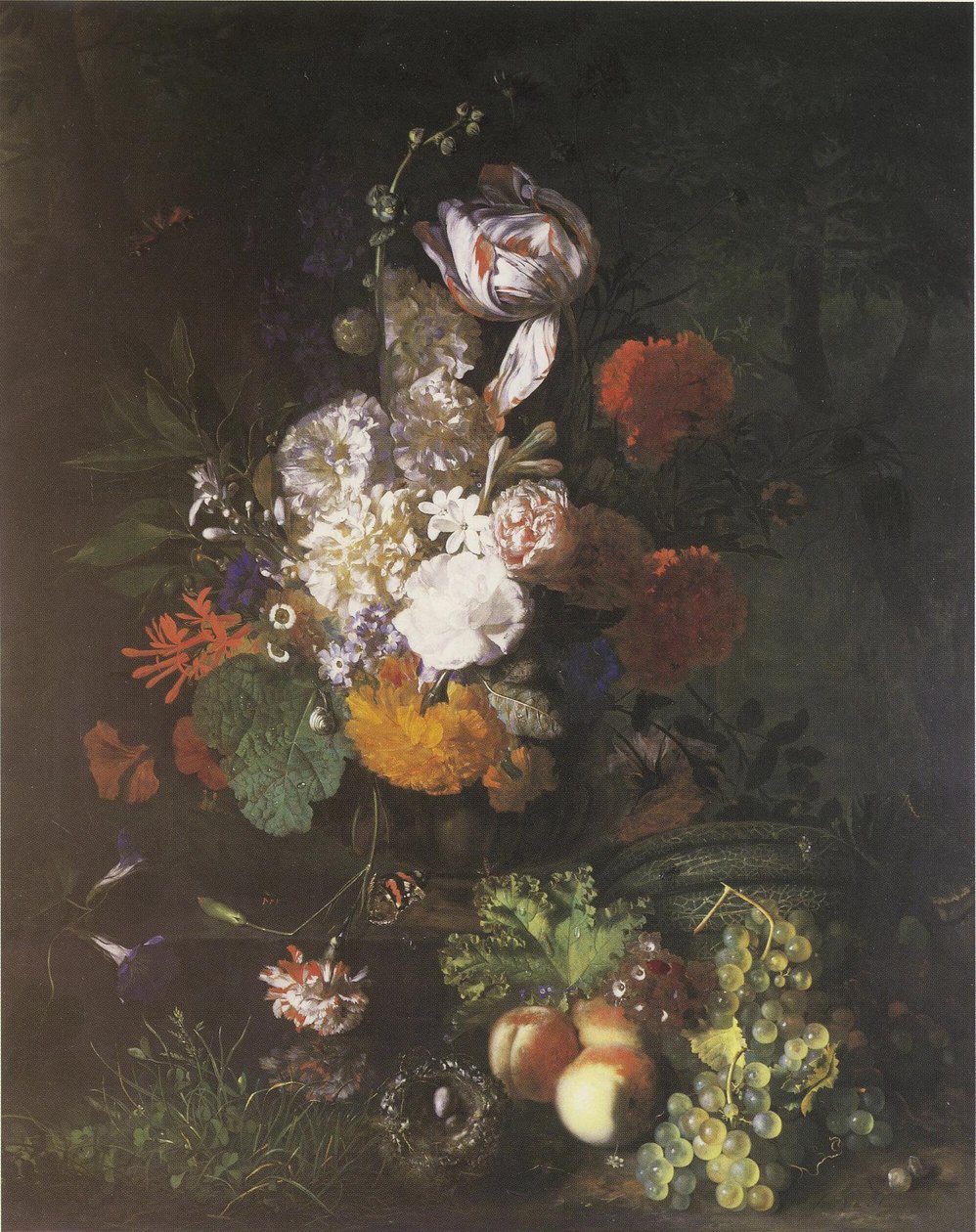 Pieza floral con fruta y césped de Jan van Huysum