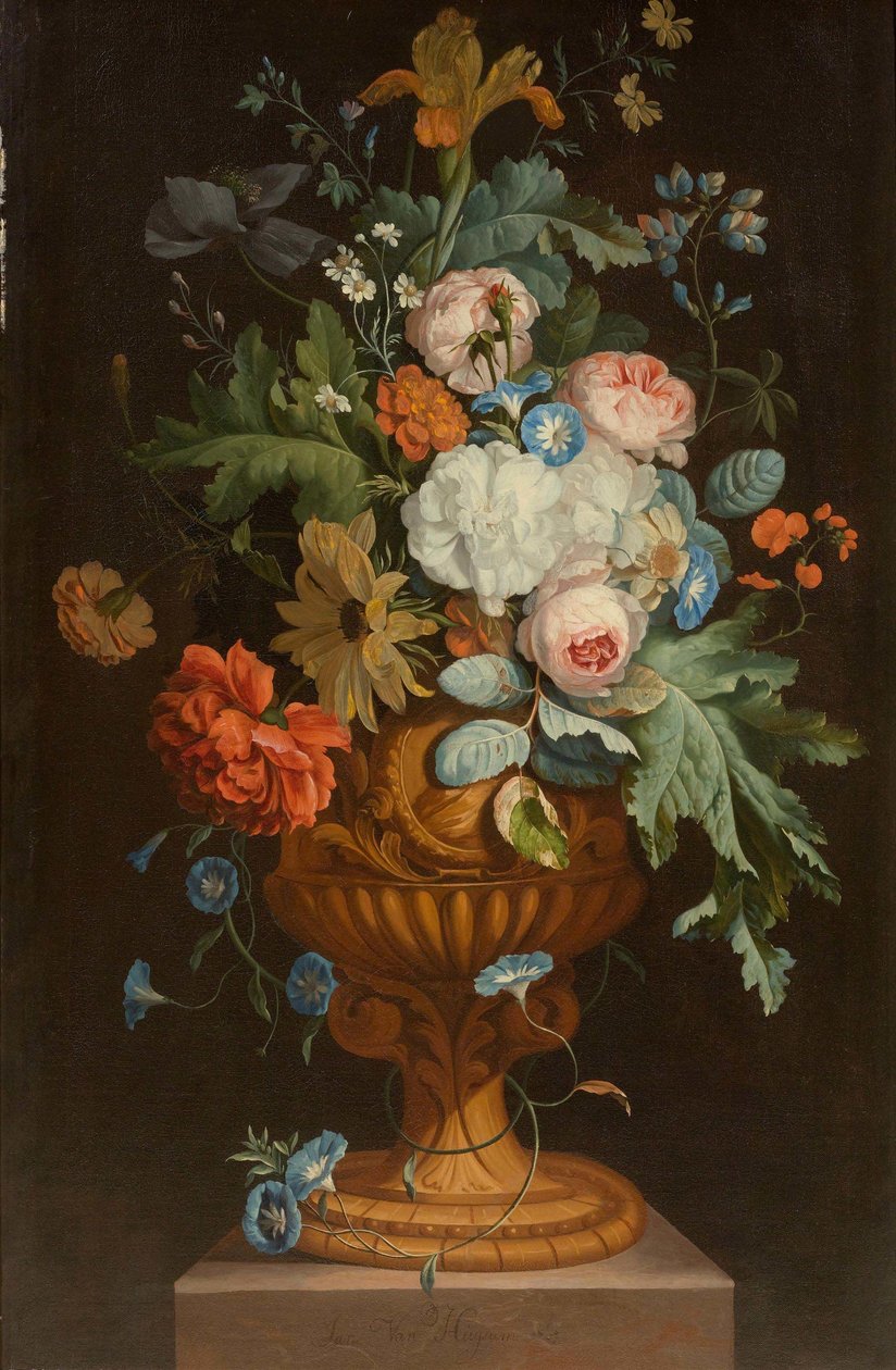 Flores en jarrón de terracota sobre pedestal de Jan van Huysum