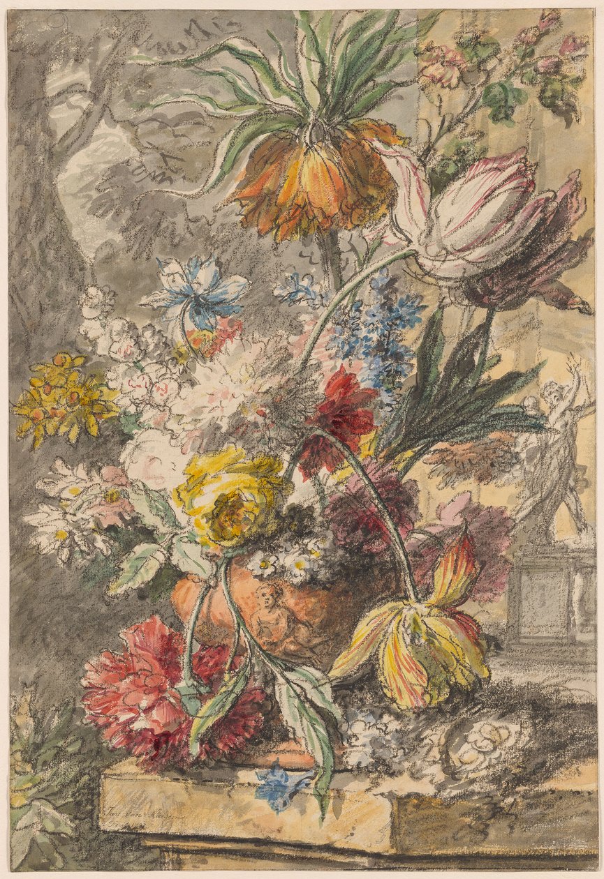Flores en una urna y nido de pájaros sobre un zócalo de piedra, con una estatua de "Apolo y Dafne" al fondo de Jan van Huysum