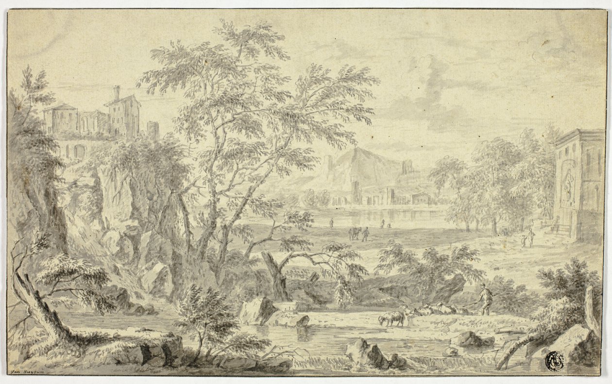 Paisaje italianizante con pastor y rebaño junto al arroyo, ciudad en la distancia de Jan van Huysum