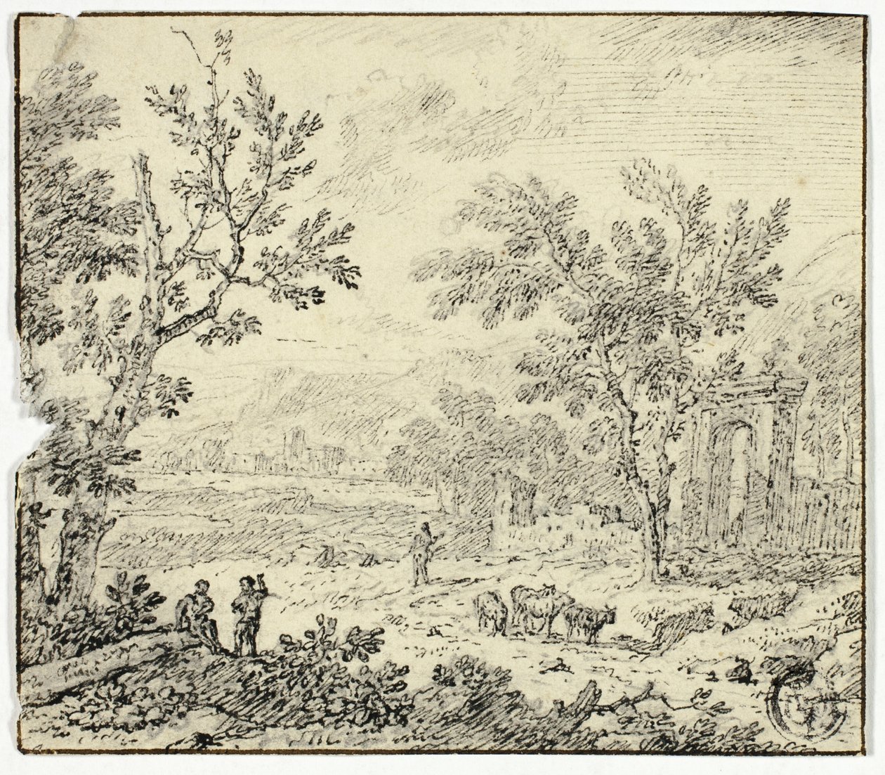 Paisaje con cabras, cabrero y ruinas de Jan van Huysum