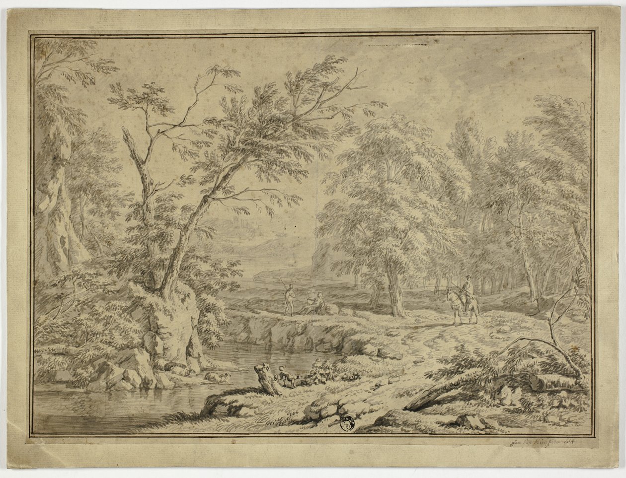 Paisaje con pastores junto al río y hombre a caballo de Jan van Huysum