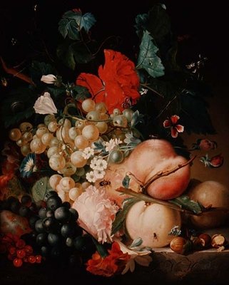 Flores mixtas y frutas con insectos en un pedestal de mármol de Jan van Huysum
