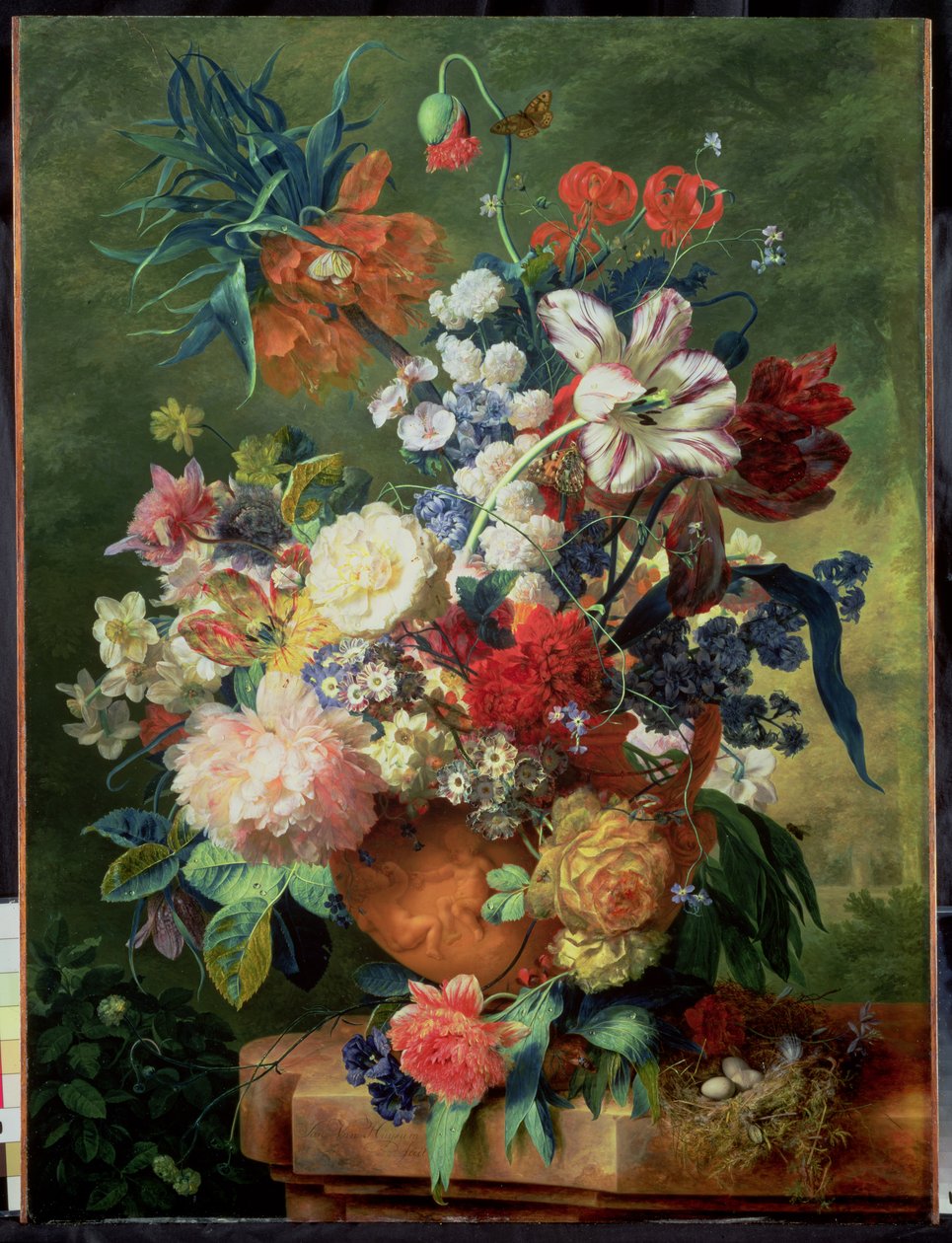 Naturaleza muerta de flores y un nido de pájaros en un pedestal de Jan van Huysum