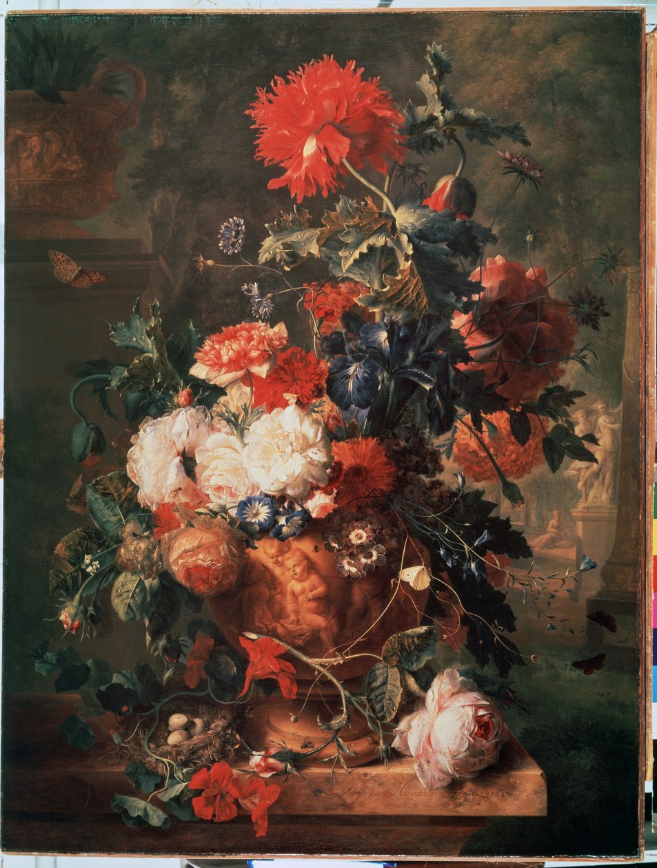 "Bouquet de fleurs" (Flores) También se muestra un nido con huevos e insectos (incluyendo mariposas, moscas, hormigas y mariquitas) Pintura de Jan van Huysums (1682-1749) 1722 Museo del Hermitage de San Petersburgo de Jan van Huysums