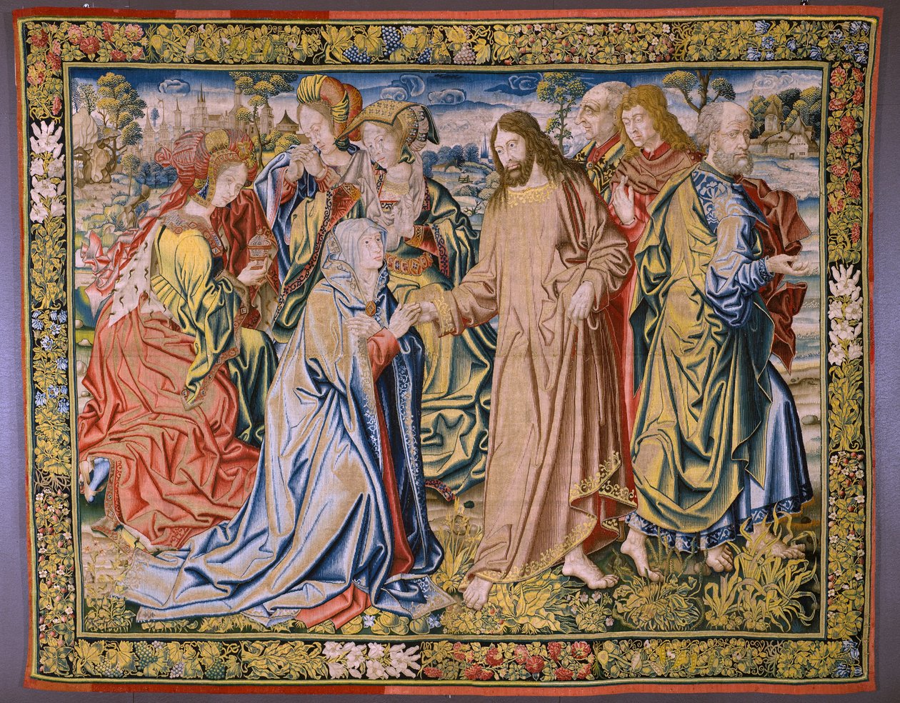 Tapiz flamenco. Serie El cielo de Carlos V. Cristo se despide de su Madre (Despedida de Cristo/Cristo se despide de su madre). El dibujante Jan van Coninxloo. Fabricación de Julien Portois, Mechelen (Malines). alrededor de 1521. de Jan van II Coninxloo