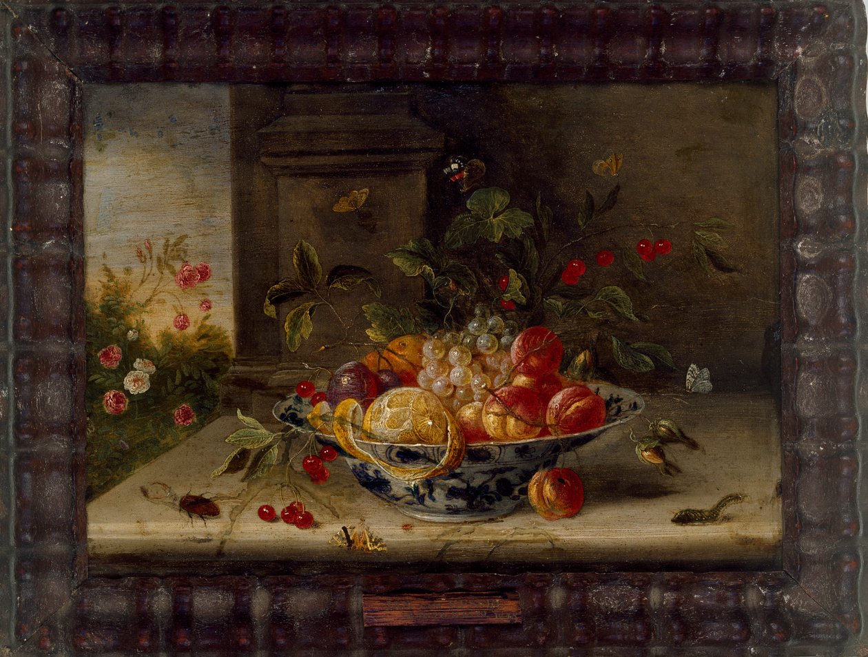 Composición decorativa de naturaleza muerta con un cuenco de porcelana, frutas e insectos, mediados del siglo XVII de Jan van Kessel