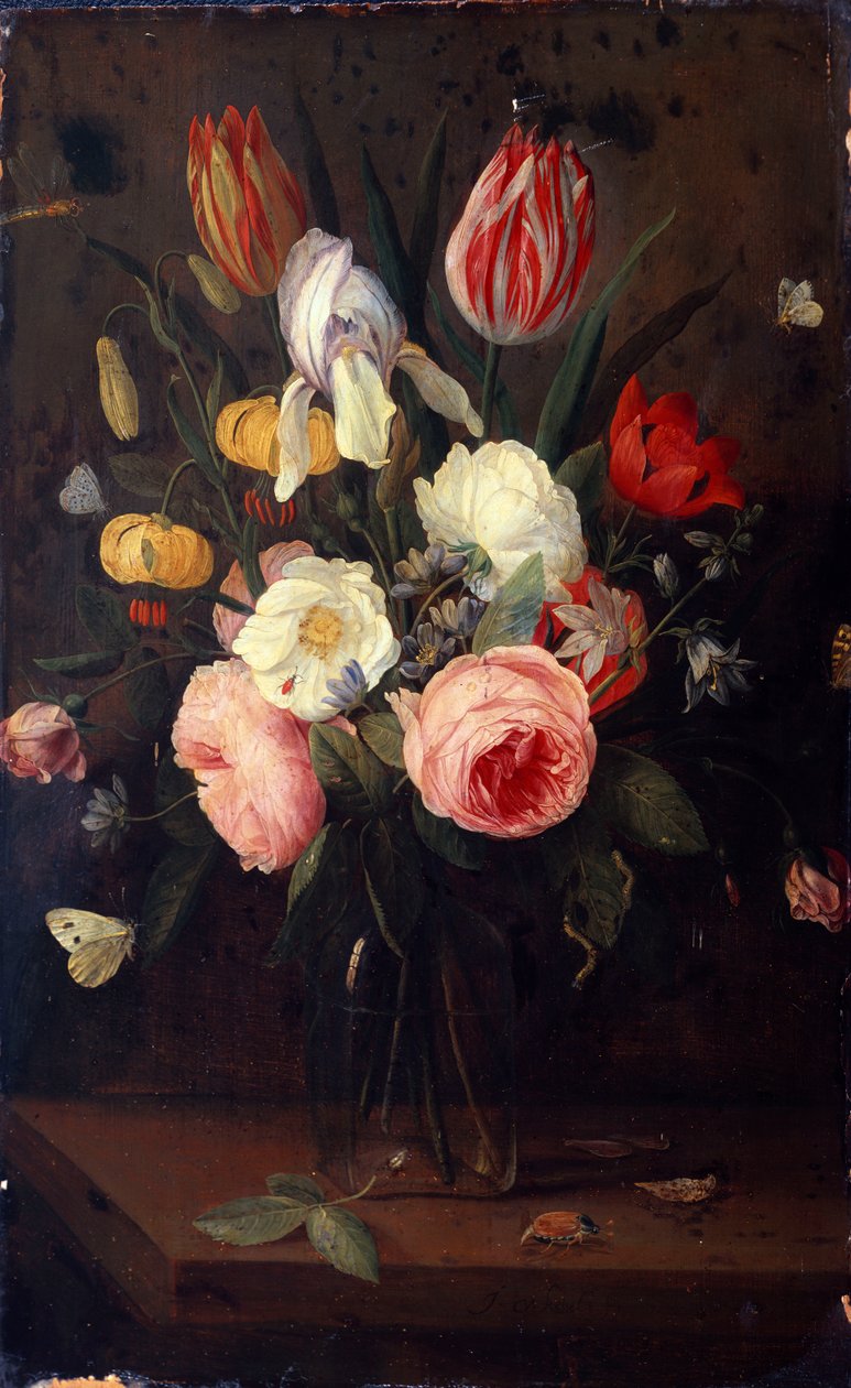 Rosas, tulipanes y otras flores en un jarrón de vidrio, con insectos, sobre una mesa de Jan van Kessel
