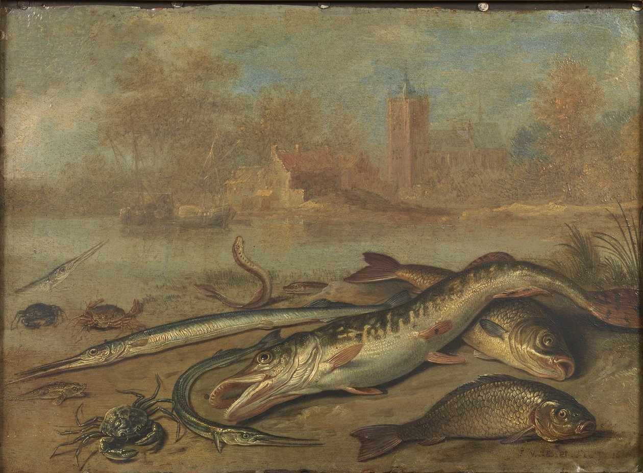 Peces y paisaje de Jan van Kessel the Elder