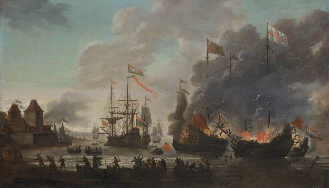 Los holandeses quemando barcos ingleses durante la incursión holandesa en el Medway, 20 de junio de 1667 de Jan van Leyden