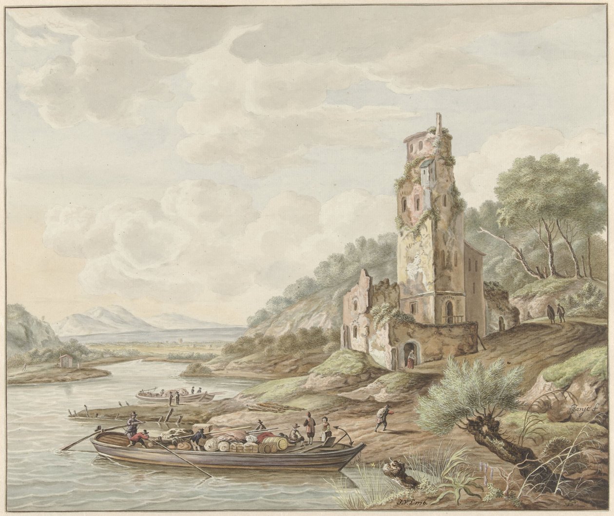 Paisaje con una barcaza con mercancías en un castillo de Jan van Lockhorst